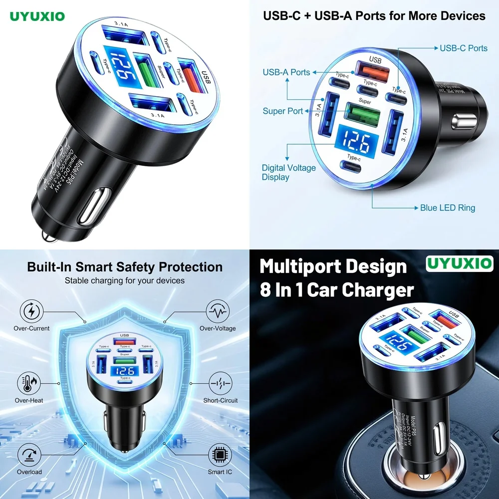 Smart Multi Port 8 in 1 Car Power Supply for iPhone 16 Samsung S26 Ultra iPad with Digital Voltage Display for All Car Use