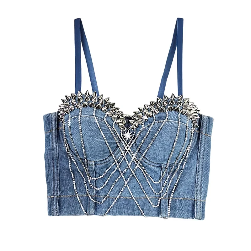 

Rocker Street Style Denim Fishbone Straps Sexy Bra with Tassel Rivet Backless Cup Underwire Push Up Bras Hook-and-eye Buckles