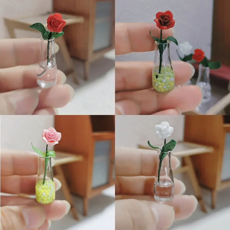 1Pcs Mini Rose Lily Flower Vase Model With Small Flower Doll House Furniture Scene Doll House Accessories Floral Decorations