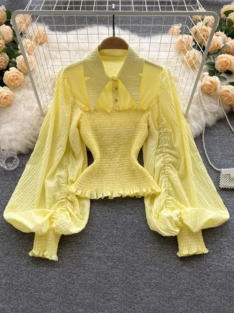 Women Fashion Folds Retro Lantern Sleeves Waist Design Short Slim-Fit Western Style All-Match Blouse Tops Female D0592