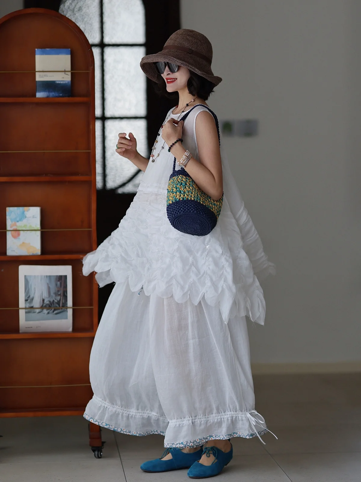 

Casual Wide Leg Pants Women's Spring Summer New Style Drawstring Waist Patchwork Floral Print Elastic Waist Cotton Linen Trou...