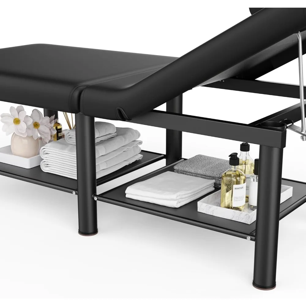 طاولة تدليك ثابتة قابلة للطي - طاولة معالجة مع مسند ظهر قابل للتعديل ومساحة تخزين كبيرة، طاولة تدليك واسعة