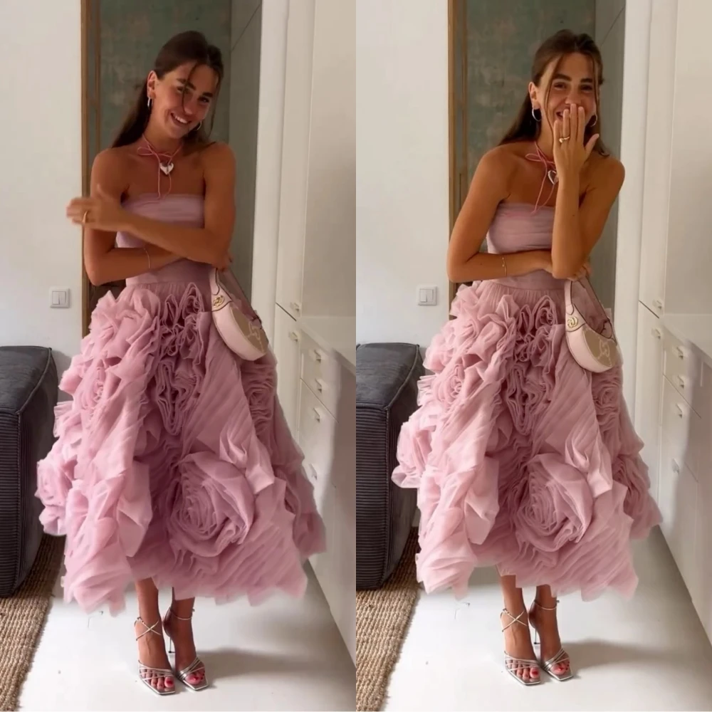 Customized Evening Dresses Exquisite Strapless Ball Gown Party Flower Net/Tulle Formal Occasion vestido de festa mulher luxo