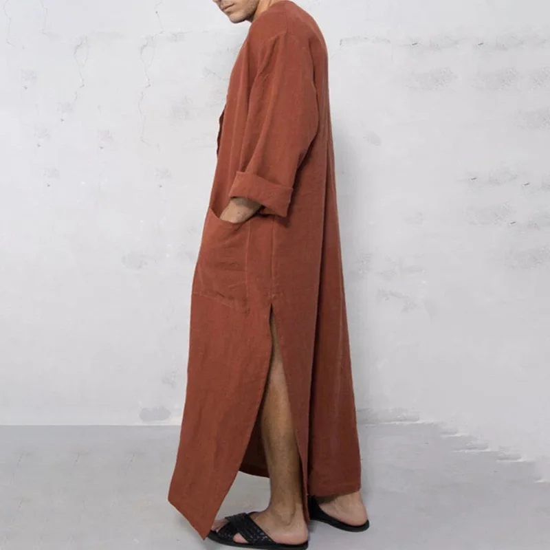 Men's Muslim Middle Eastern Pocket Round Neck Thobe - Loose Islamic Traditional Long Robe with Pockets