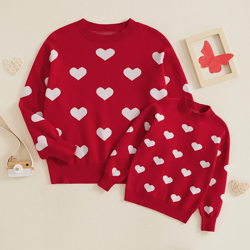 Mommy and Me Valentine's Day Sweaters Crewneck Heart Knit Sweatshirt Pullover Tops Mom and Daughter Matching Outfits