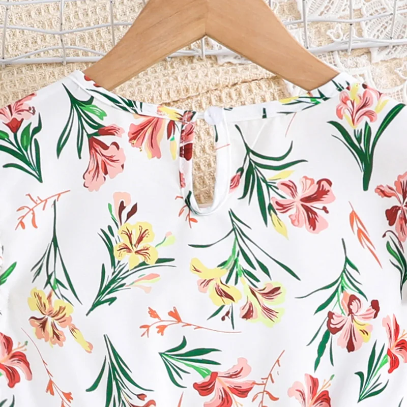 Printed Dress For Girls 8-12 Years Summer White Printed  Green Skirt Korean Fashion Style Kids Sets For Girls