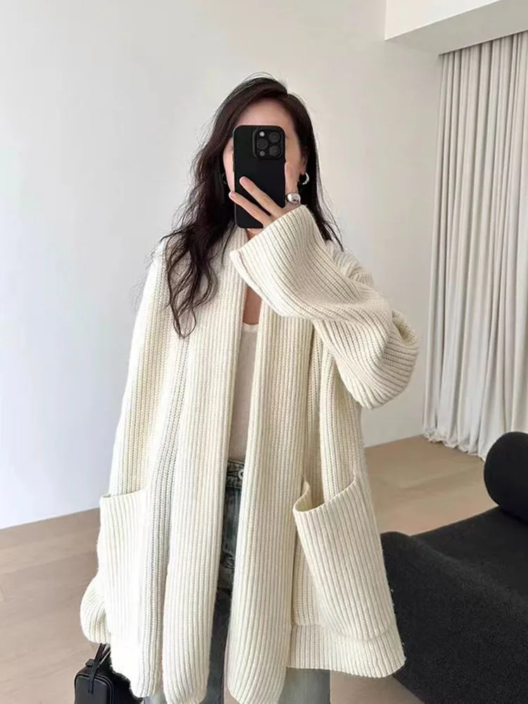 Jmprs Oversize Casual Cardigan Sweaters Women Elegant Lazy Wind Knitted Coat Tops Vintage Long Sleeve Big Pockets Loose Cardigan