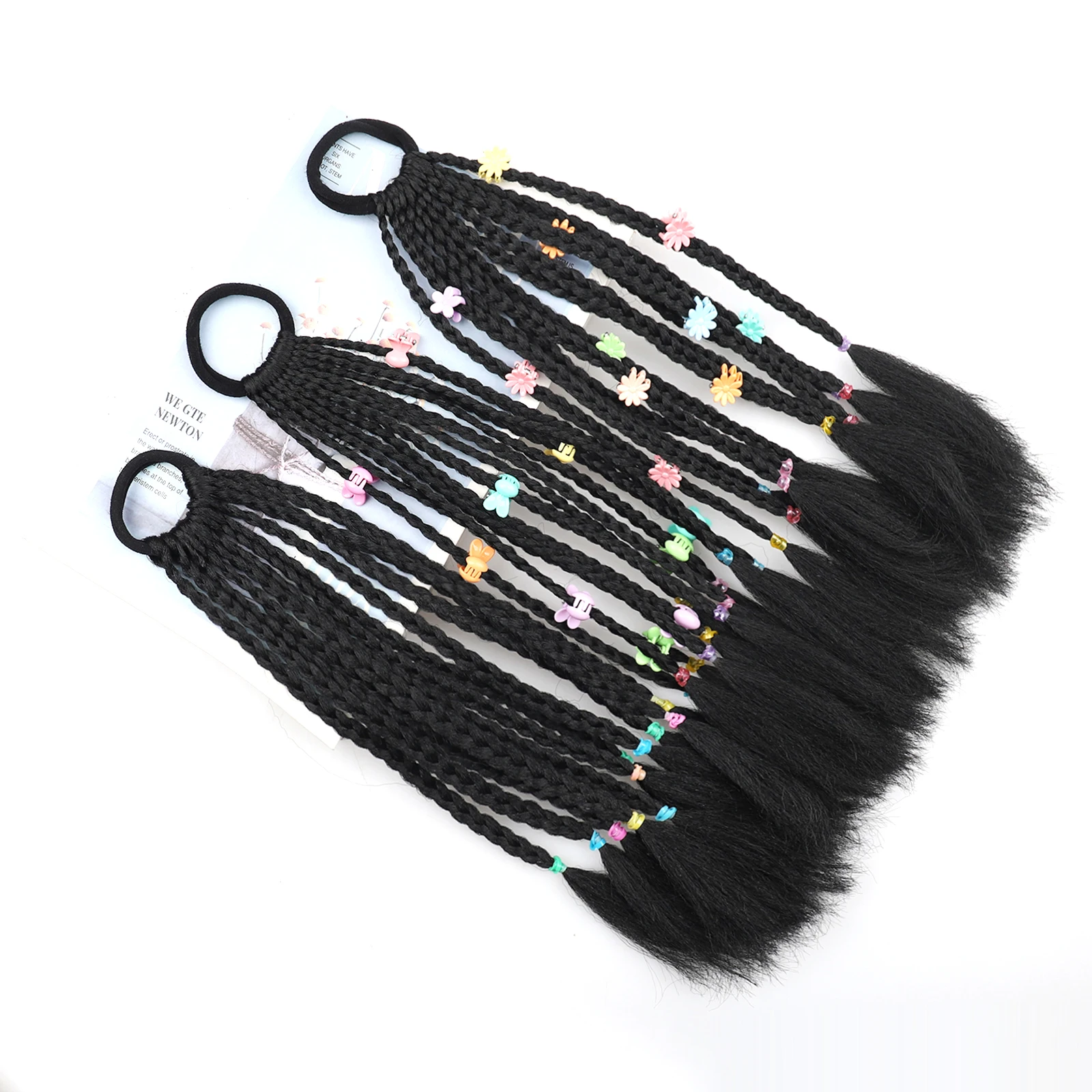 Ekstensi Rambut Gimbal Ekor Kuda Pendek Sintetis Dihiasi Manik-manik Warna-warni untuk Anak Perempuan Aksesori Rambut Kepang Bergaya