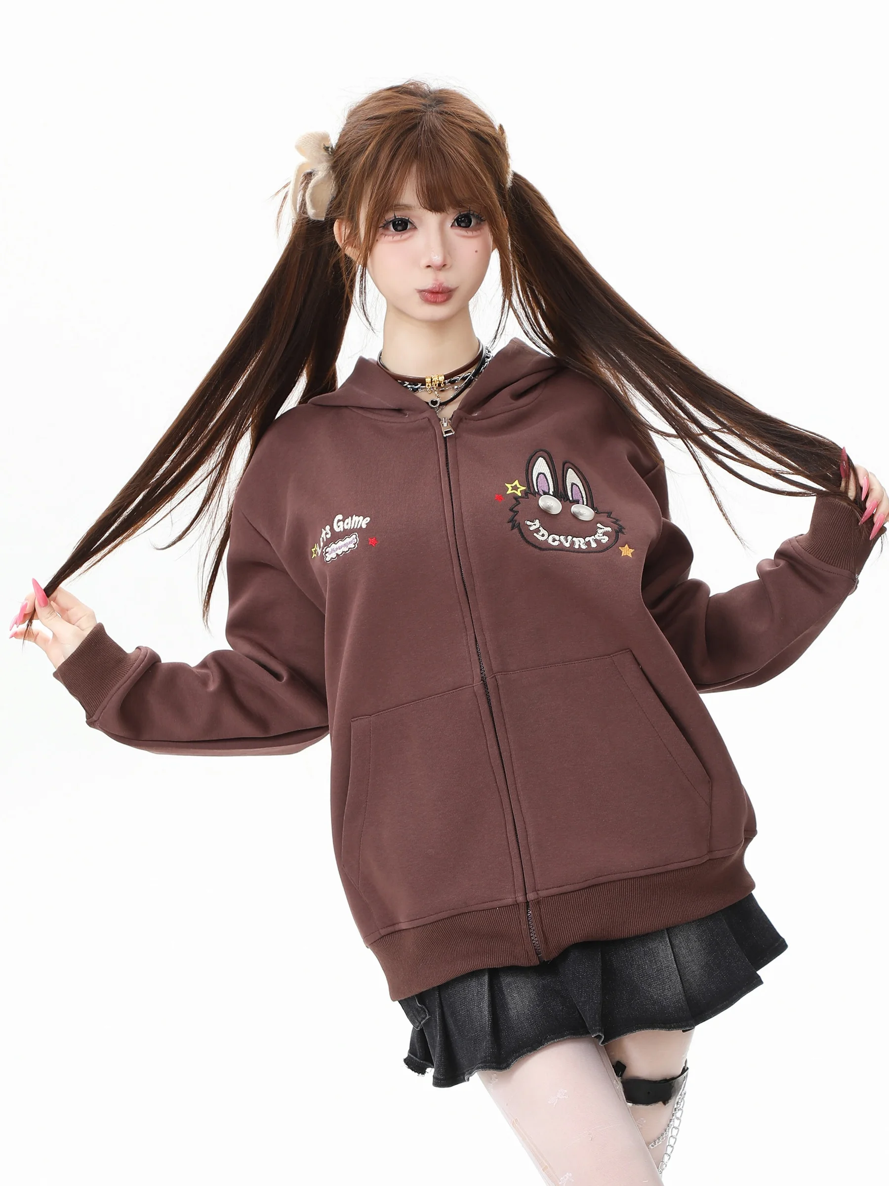 Sweet Cool Cartoon Embroidery Rabbit Ear Hoodie Women's Loose Slimming Open Shirt Outerwear Autumn Lazy Style Cotton Blend