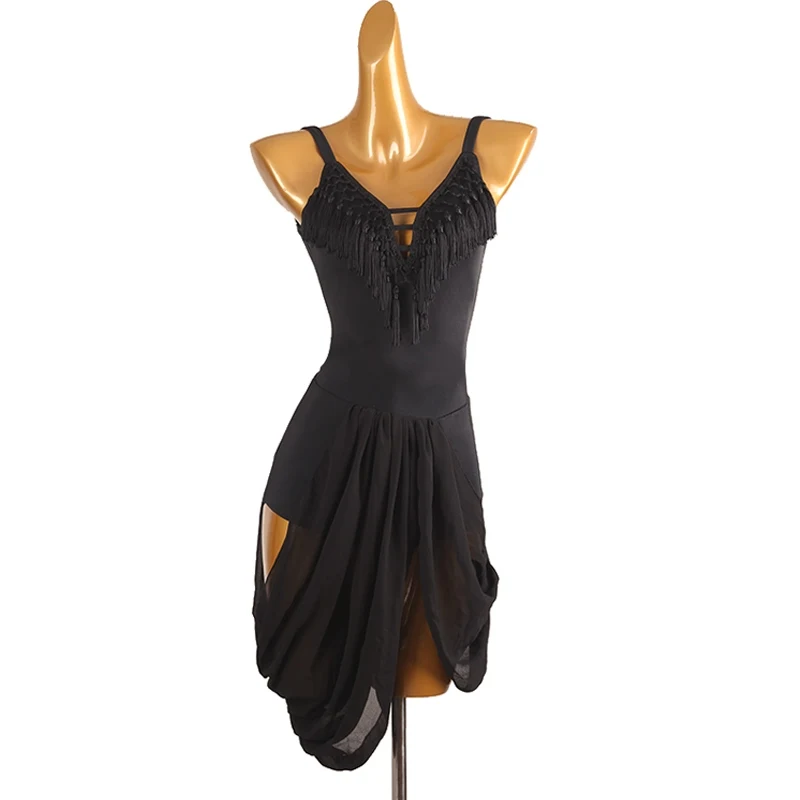 Robe de danse latine pour femmes, Sexy, dos nu, avec pompons, vêtements d'entraînement, Chacha Samba, robe de concours de danse latine, DQL11140