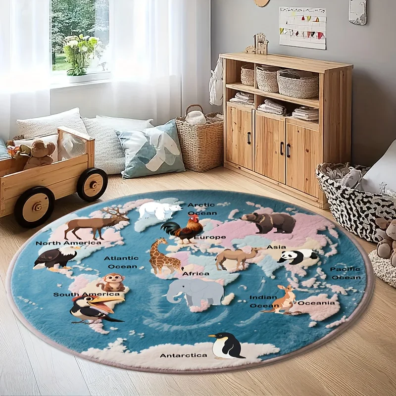 World Map with Animals Educational Round Rug for Kids Playroom Fun Learning Tool Colorful and Engaging Floor Mat