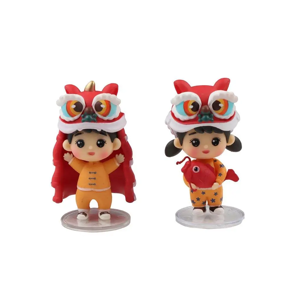 Boy and Girl Lion Dance Doll Chinese Style Chinese New Year Lion Dance Boy Statue Red Lion Dance Ornaments Hone Decoration