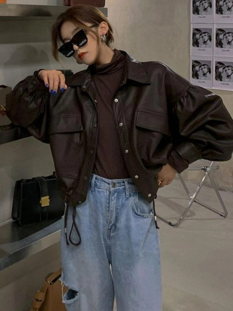 Jaqueta de couro vintage feminina, outwear solto, jaqueta fina de motociclista estilo coreano feminino, blusa de manga longa moto, outono, verão 2022