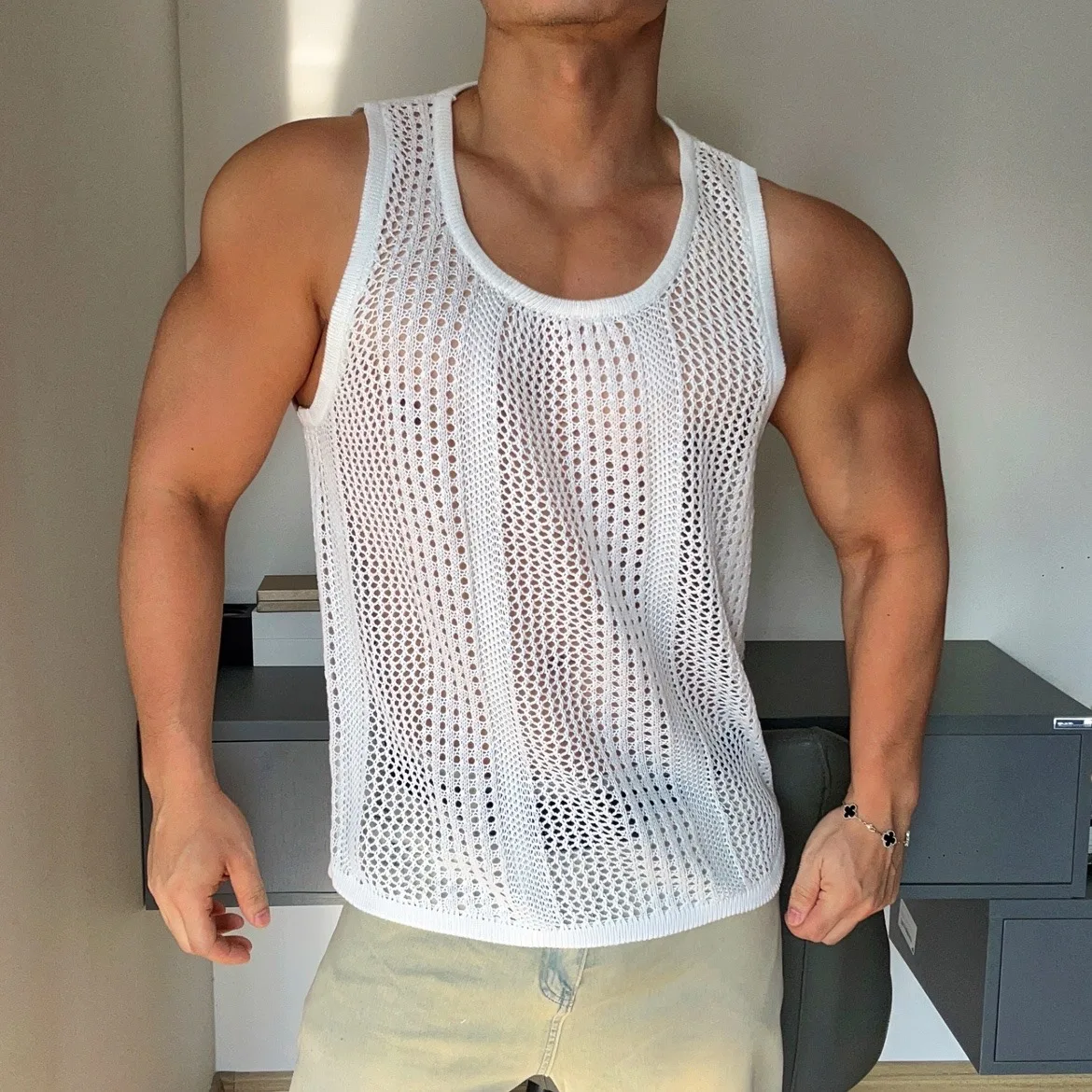 

New Men'S Sexy Cutout Pole Dance Vest Muscle Man Jazz Dance Tops Bar Nightclub Ds DJ Rave Outfit Stage Gogo Clothing XS7691