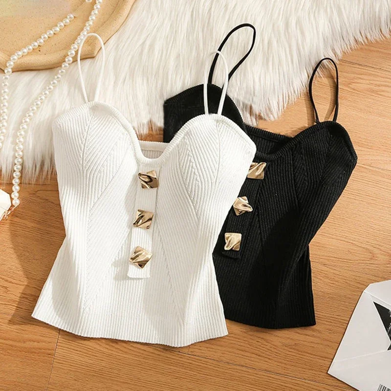 

Women Sexy Tank Tops Knitted Camisole Female Suspender Slim Bottom Bandeau Top High Stretch V Neck Sleeveless Crop Top