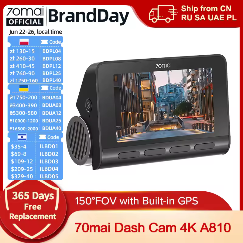 מצלמת דרך 70mai 4K דגם A810 HDR עם GPS מובנה, ADAS, חניה 24 שעות, תואם 4G, מקליט וידאו לרכב 70mai A810