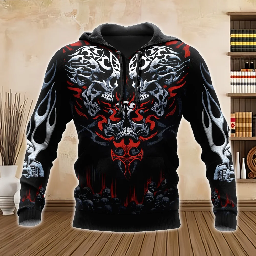 Oversized Tattoo Skeleton Cross Terror Red 3D Printed Men\'s Hoodie Sweatshirt Topscasual Tracksuits Raven Animal Men Clothing