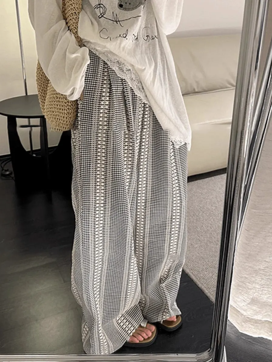 Laid-ba Koreaanse wijde pijpen broek retro ruit casual rechte snit zomer 2025 nieuwe dames hoge taille katoenmix broek