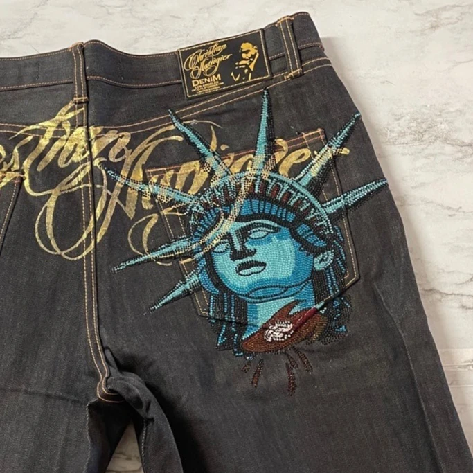 Y2k estátua da liberdade diamantes shorts femininos hip hop streetwear calças de brim curtas feminino solto vintage clássico casual denim shorts