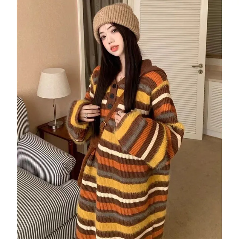

Модный длинный свитер с капюшоном в красочную полоску, пуловер, женский вязаный кардиган, куртка, весенне-осенне-зимнее пальто, нижняя рубашка