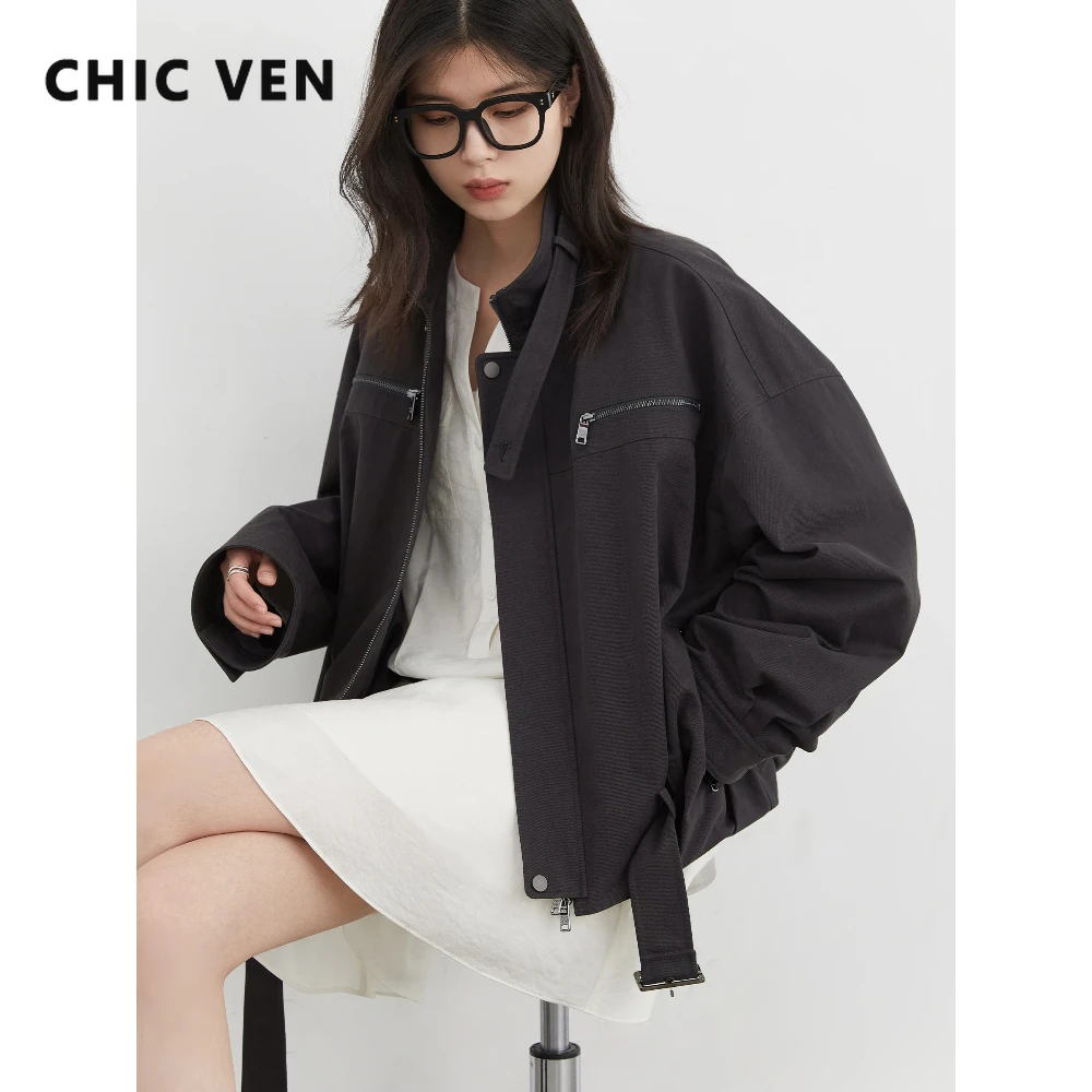 

CHIC VEN Новые женские куртки: однотонные, свободные, повседневные, в стиле ретро, с воротником-стойкой, короткие пальто, женские топы, осень-зима 2026
