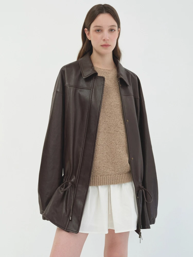 Elegante halflange lederen jassen voor dames lente herfst 2022, hoogwaardige eenvoudige vintage losse zachte echte schapenvacht jas