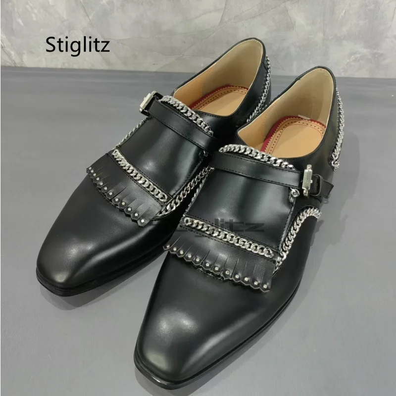 

Metal Chain Men Small Square Toe Leather Shoes Luxury Designer Slip On Bussiness Office Dress Sparty Shoes Spring Autumn Loafers