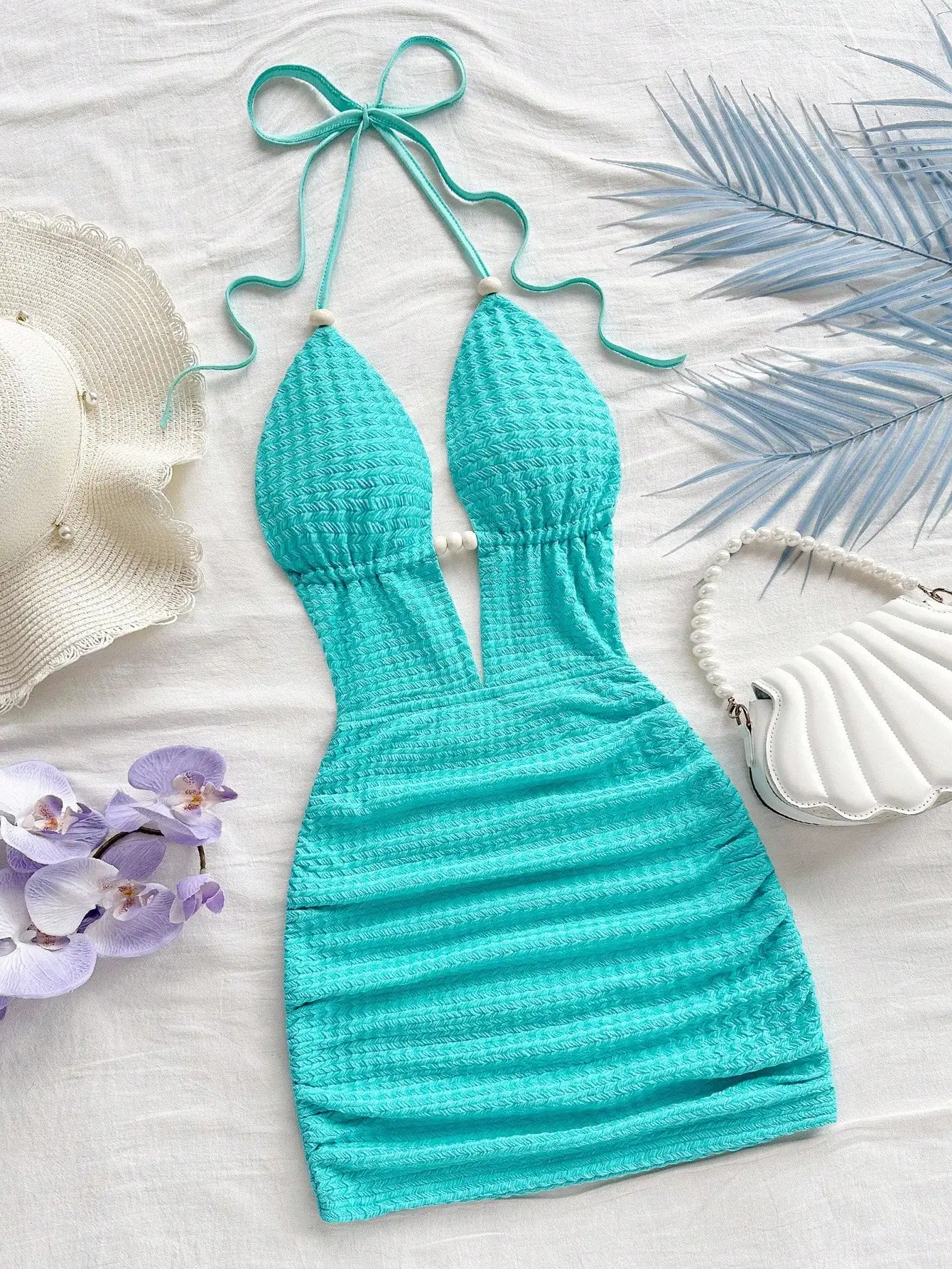 

Turquoise Halter Neck Deep V Ruched Mini Dress with Pearl Accents