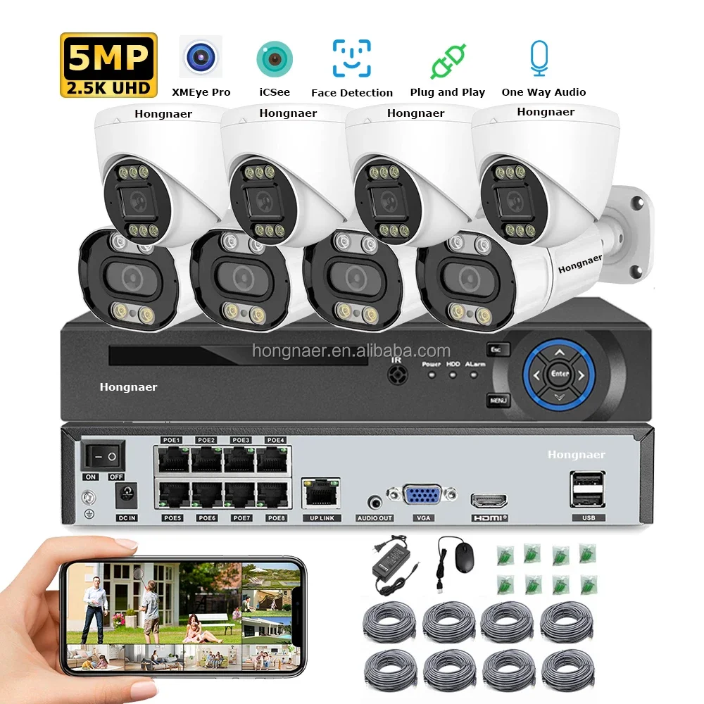 2026 Hongnaer 5MP 8 Channel Wireless NVR Home POE IP Network Video Recorder Surveil CCTV Camera Kit Set System Security Camera S