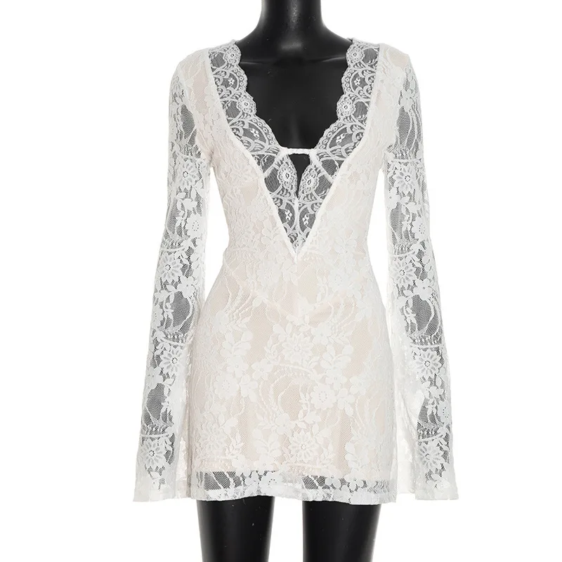 Apprabant 2025 Fall Winter New Sexy Deep V Neck Lace Patchwork Bodycon Short Dress Women Long Sleeve Slim Fit Club Party Outfit