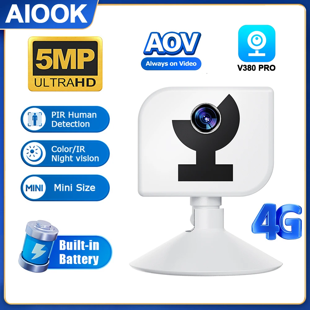 

AIOOK V380 PRO APP AOV 4G Camera Battery Camera Two-way Intercom Humanoid Detection Black Light Night Vision Security Camera