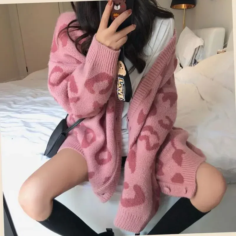 Woman Sweaters Cardigan Leopard-Print Sweater Coat Loose Spring V-neck Long-Sleeved Knitted Cardigan Sueters De Mujer