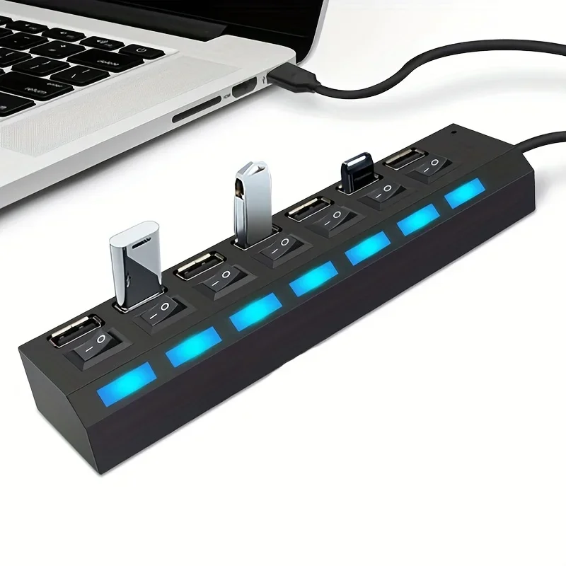 7 Port with LED Light USB 2.0 Adapter Hub with Independent Power on Off for Computers Tablets Laptops Supports Data Transmission