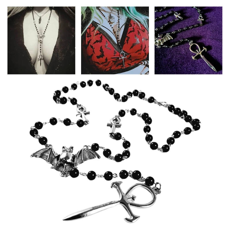 

Trendy Punk for Vampire Ankh Rosary Necklaces for Women Black Bead Necklac