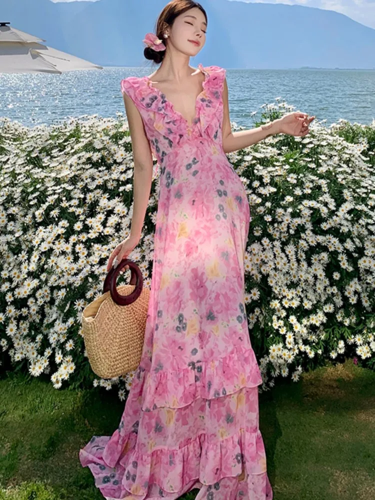 

French Chic Ruffles Floral Print Dresses For Women Backless Beach Style Cake Dress Female Long Vestidos 2025 Summer Maxi Dress