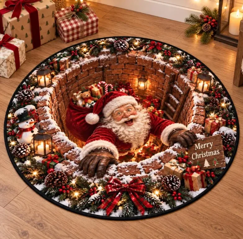 Christmas Round Doormat, Santa Chimney Rug, 3D Illusion Holiday Floor Mat, Merry Christmas Entryway Home Decor