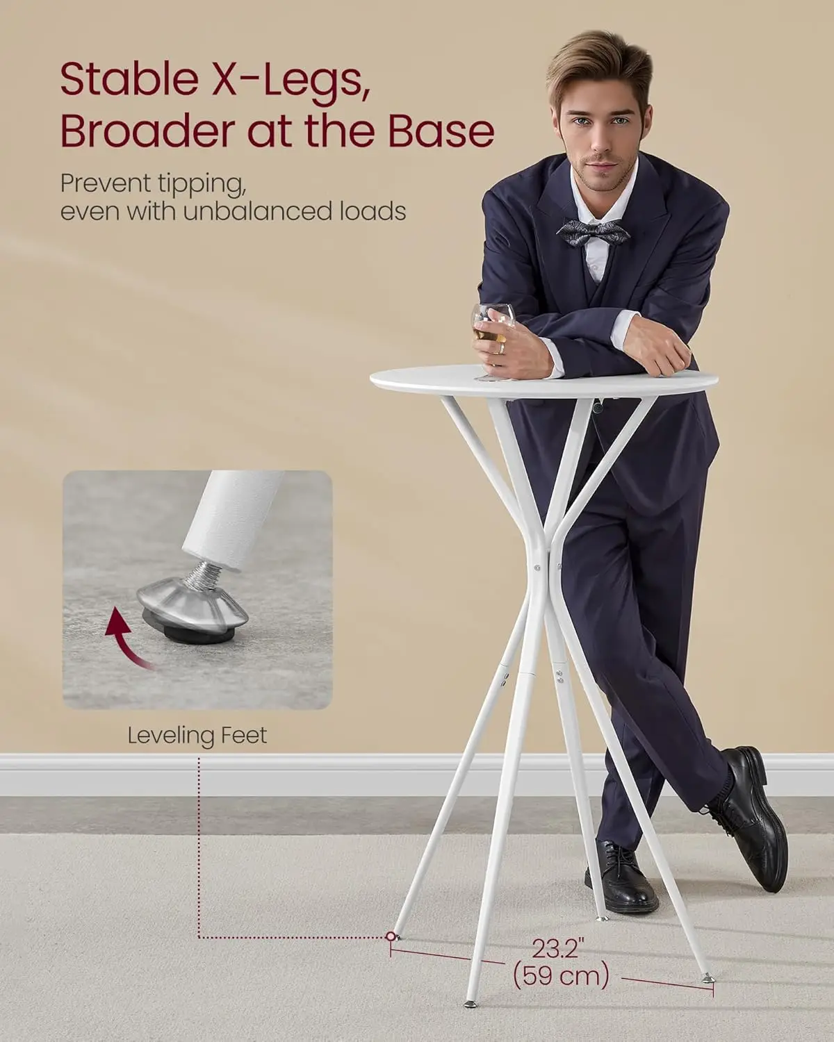 2-Pack Round Bar Tables, 41.3' High, White Metal Frame, Modern Kitchen & Home Bar, Easy Assembly