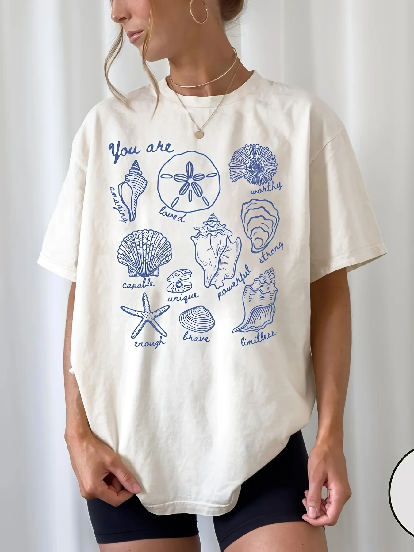 Blue Printed Marine Life Pattern Short-sleeved T-shirt Casual and Versatile Style Suitable for Women's Daily and Outing Wear