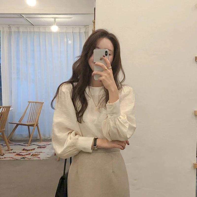 

Ele Bubble Long Sve Женский базовый слой-топ в Корейском стиле Sle Commute Design Pure Color круглый Ne Button up irt