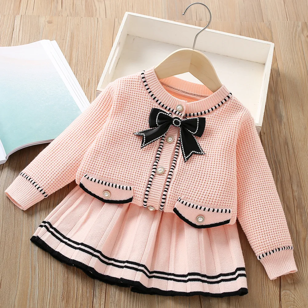 Girls Sweater Dress Set Bow Decoration Girl Knitted Skirt Children Two-piece Skirt Set Kids Autumn Dress Holiday Birthday Gifts