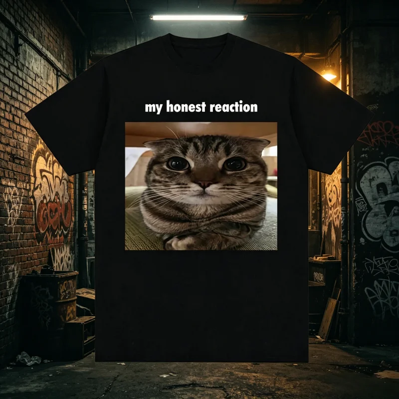 T-shirt graphique My Honest Reaction Meme Cat pour hommes et femmes, humoristique, style Internet Meme Y2K, streetwear hip-hop, décontracté, noir, à manches courtes