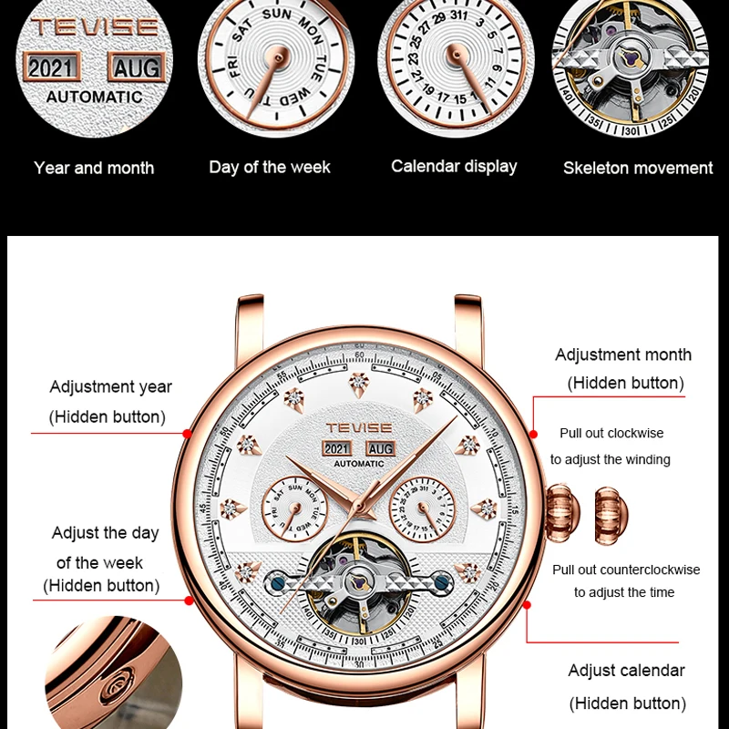 Tevise Watch for Men Automatic Skeleton Mens Watches Tourbillon Mechanical Watch Waterproof Stainless Steel Relogio Masculino