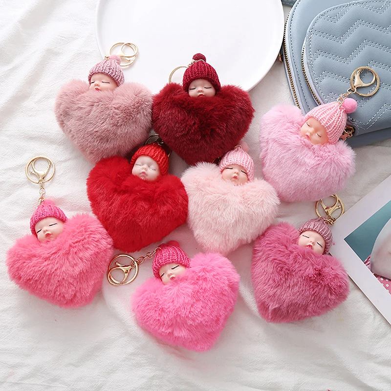 

Plush Peach Heart Pompom Sleeping Baby Doll Keychain Key Hanging Holder Bag For Women Girls Fashion Jewelry Gift Charming Decor