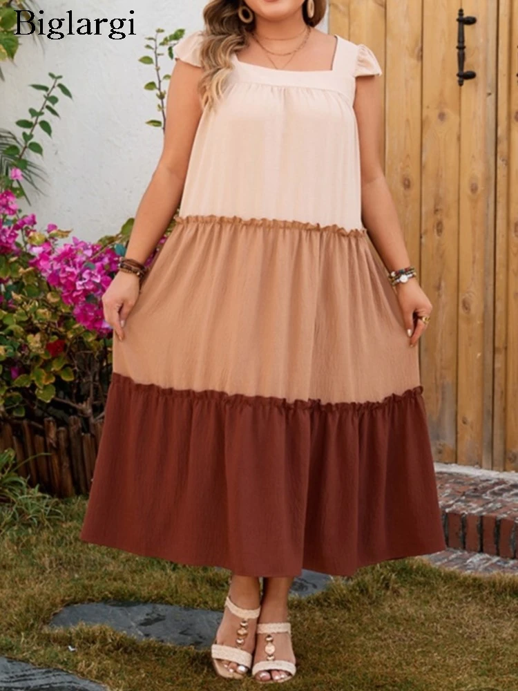 

Plus Size Summer Sleevless Slip Dress Women Print Patchwork Modis Square Collar Ladies Dresses Ruffle Pleated Loose Woman Dress