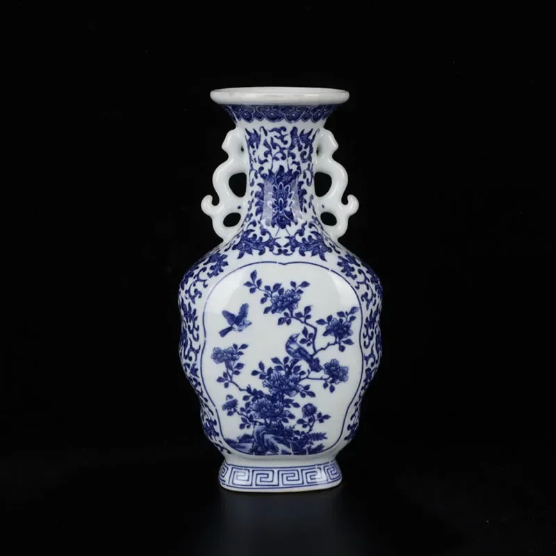 Qing Dynasty-Antique Porcelain Vase, Blue and White Flower and Bird Design, Two-Ear Vase, Qianlong Era Replica