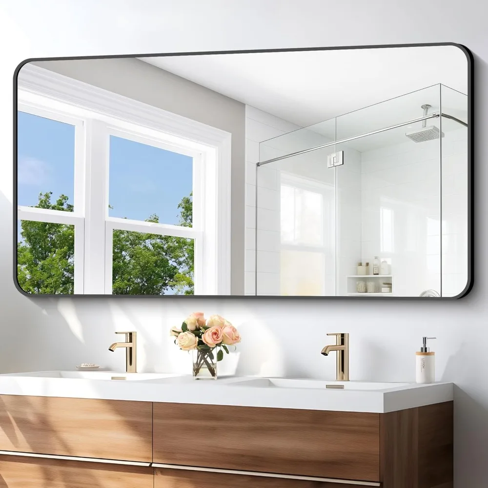 

30x60 "bathroom black rectangular mirror, wall mounted, rounded corner bedroom living room, horizontal or vertical hanging