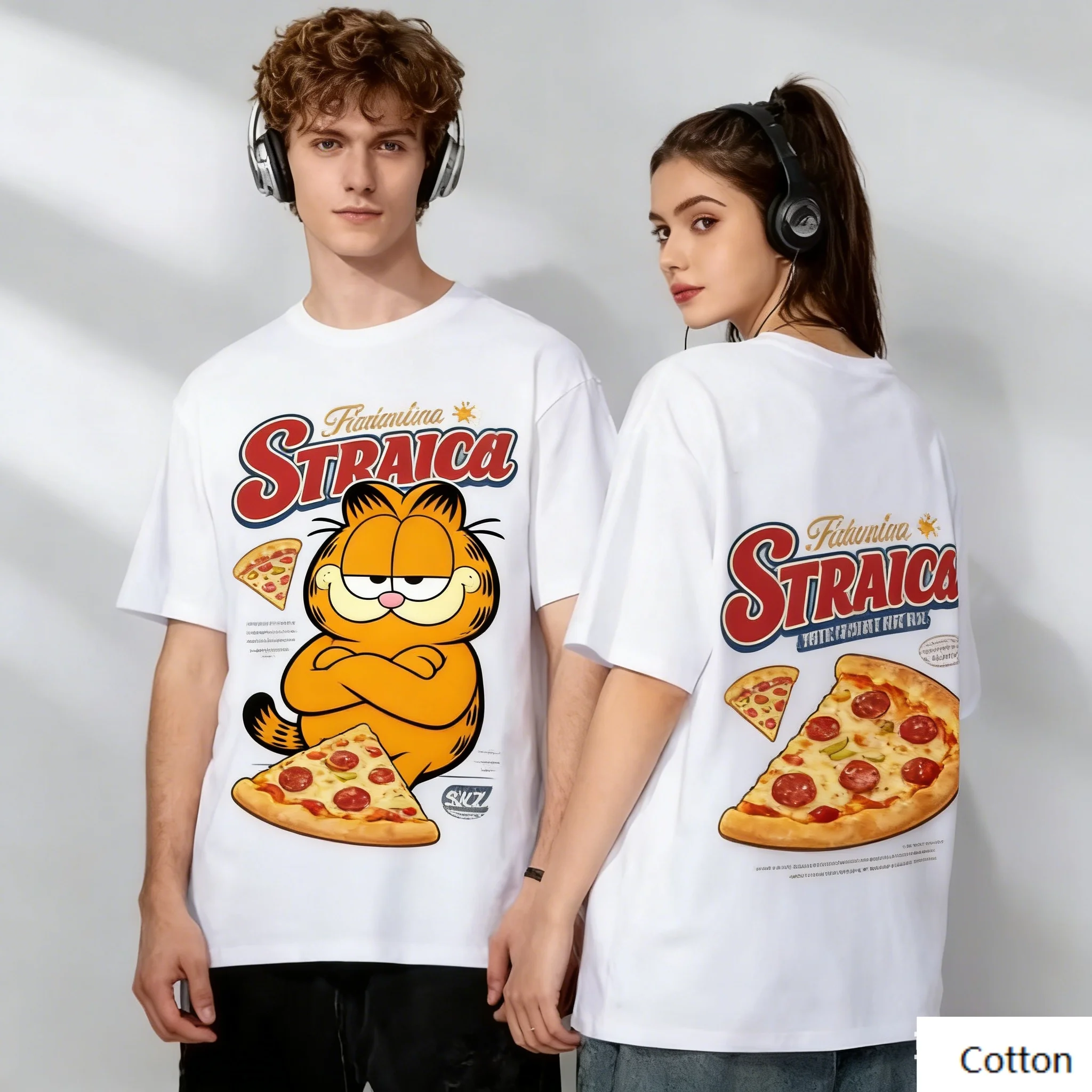 Camiseta Vintage con Estampado Gráfico de Garfield, Diseño de Pizza, Algodón, Manga Corta, Casual, Unisex, Estilo Retro Cómic
