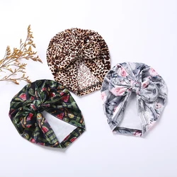 Gorro de terciopelo con estampado de leopardo para bebé, Gorro con orejas de oso para niño y niña, turbante teñido anudado de fútbol con flores, accesorios para el cabello para recién nacido