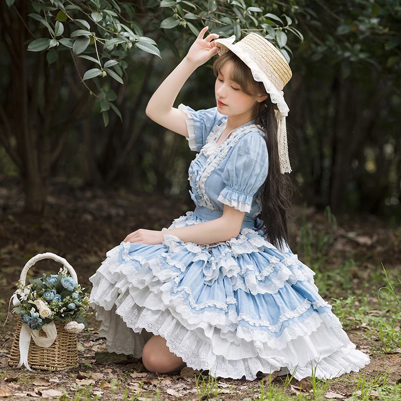 Robe japonaise Sweet Lolita pour filles, dentelle vintage, nœud papillon, bretelles croisées, taille haute, robe victorienne dégradée, Kawaii, Op Loli Cosp