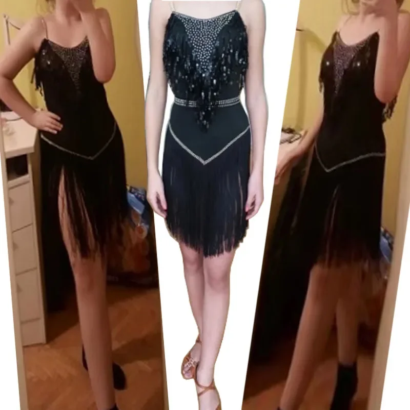 

Черная юбка для латинских танцев с блестками и кисточкой со стразами, облегающий дизайн с открытой спиной для взрослых и детей, конкурс латинских выступлений
